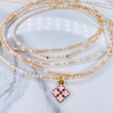 Pink, White, & Gold ( Pretty N' Pink) Cross Charm Cotton Tie-on Waist Beads