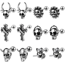 1 Pair 16G Vintage Stainless Steel Stud Earrings Skull Ear Helix Tragus Piercing