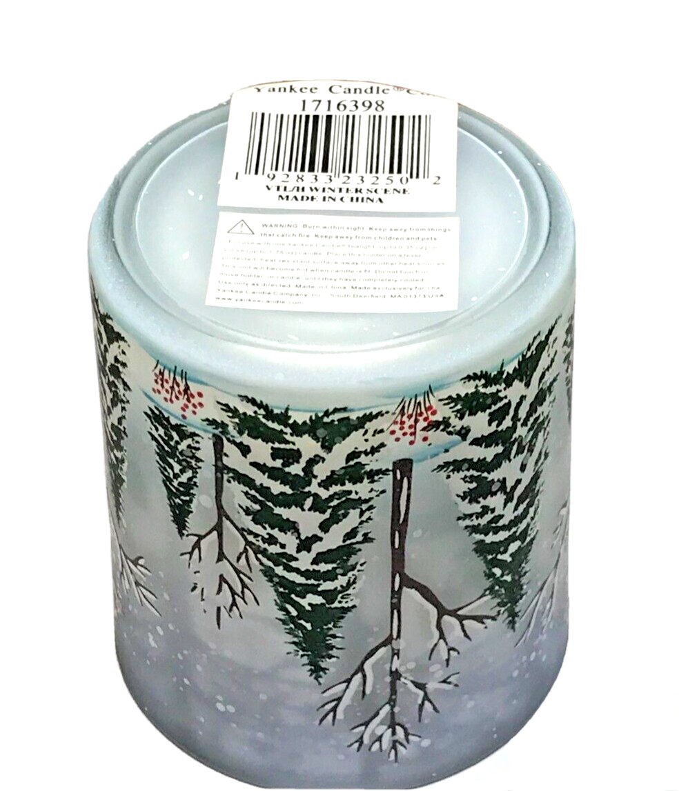 Yankee Candle WINTER SCENE Glass Votive Holder NIB Deer Trees Birds FREE SHIP