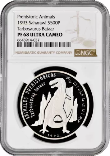 Western Sahara (Saharawi) 500 pesetas 1993, NGC PF68 UC, "Tarbosaurus Bataar"