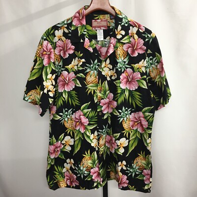 RJC USA Hawaiian Aloha Shirt 100% cotton Men's L Black pineapple print - MINT