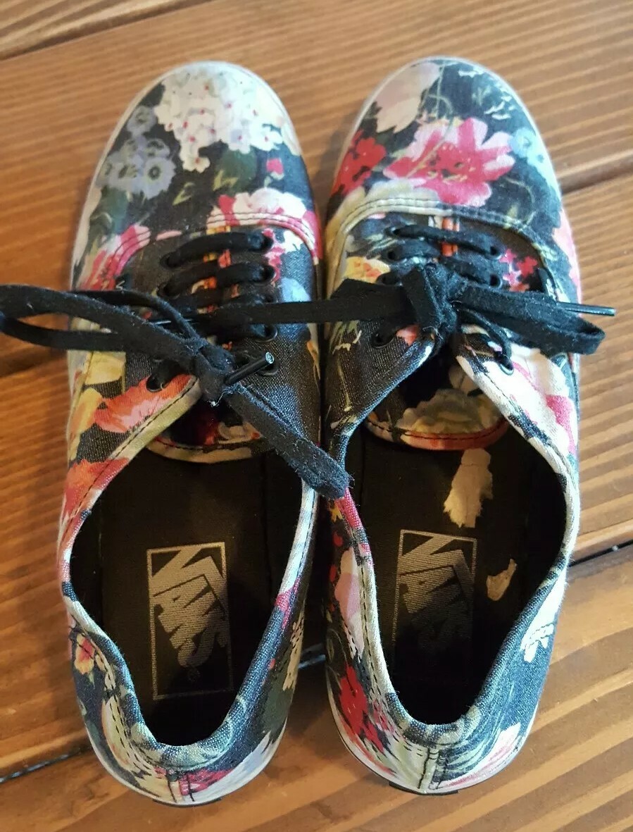 Black Floral Flower VANS Colorful Print Lace Up Shoes Womens