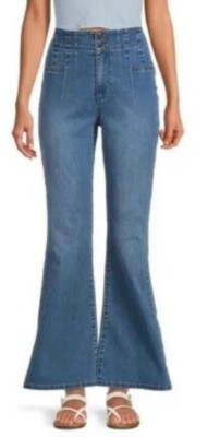 NO BOUNDRIES High Rise Flare Pintuck Med Wash Blue Double Button Denim Jeans  7
