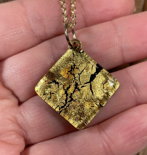Art Glass pendant necklace Square Gold 