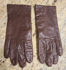 Vintage Size 7.5 M Brown Leather Lined 9.5" Gloves Fownes Diamond Stitching