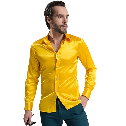 Modisches glänzendes seidiges Satin Hemd Luxus Seide wie Herren Freizeithemden - Bild 7 von 33