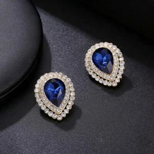 Clip on 1" gold, clear & blue stone teardrop earrings
