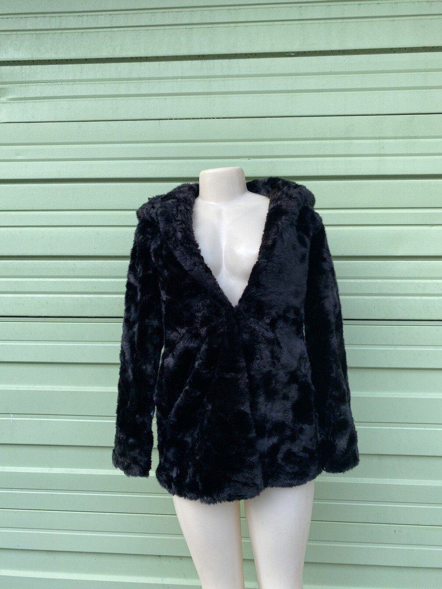New ZARA BLACK FAUX FUR JACKET HOODIE HOOK CLOSURE LONG SLEEVE