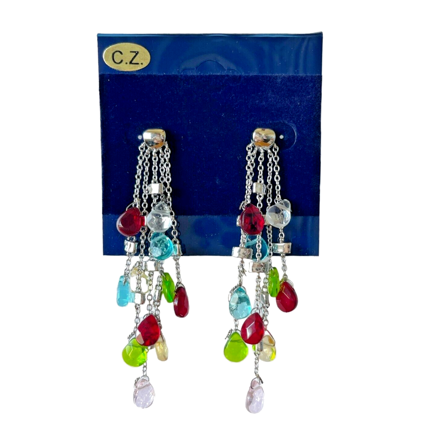 Colorful CZ Briolette Silver Chain Dangle Earrings 3