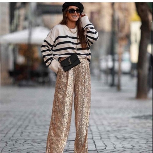 Zara Golden Sequin Wide Leg Pants Size 