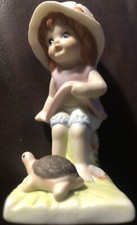 1981 CS Girl With Turtle Pink Dress Taiwan Vintage Figurine 3.5” Tall Ceramic