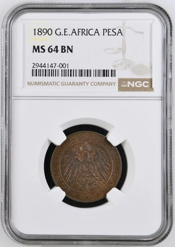 1890 German East Africa Pesa NGC MS64 BN 	KM# 1 Strong Copper Lustre