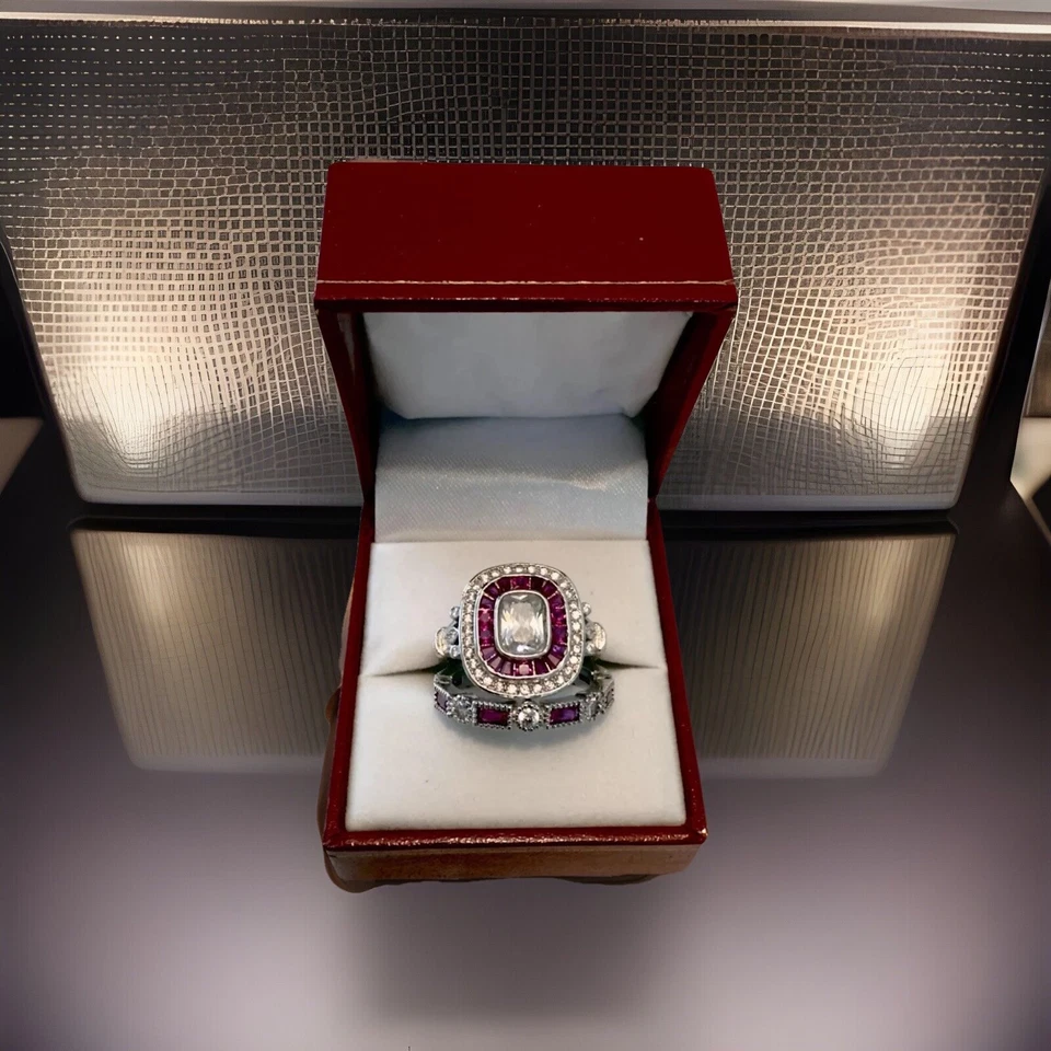 Anillo de compromiso eduardiano ArtDeco rojo y blanco circonita cúbica alianza de boda talla 8 Foto 4 de 4