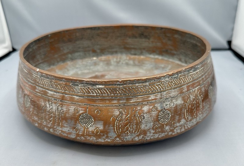 Large Antique Tinned Copper Middle Eastern Bowl Hand Inscribed Vintage (5)