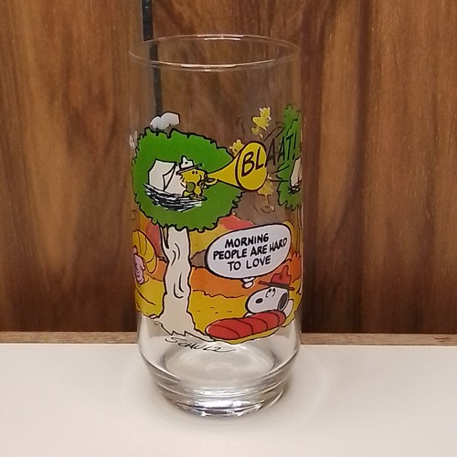 McDonalds 1983 Peanuts Camp Snoopy Glass Tumbler Morning People Are Hard To Love
