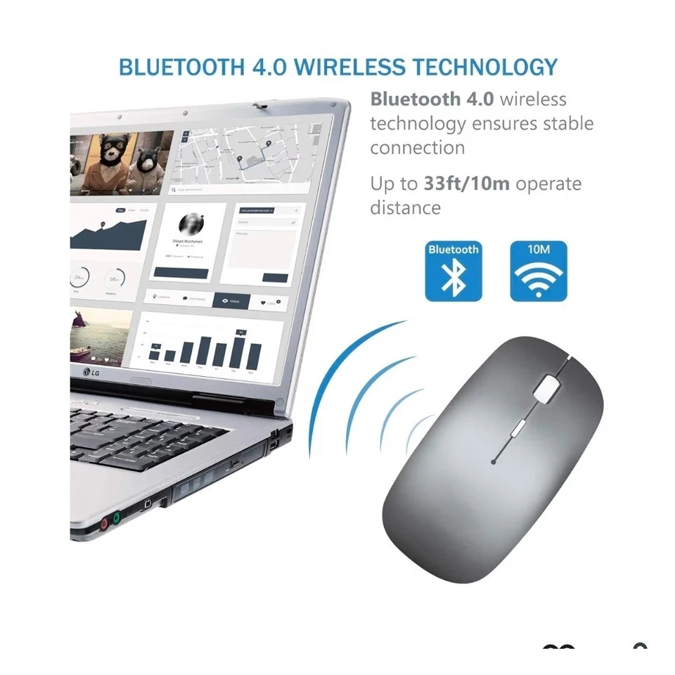 Azmall Bluetooth 4.0 Wireless Optical Rechargeable Silent Mouse Slim Portable - Image 2 of 4