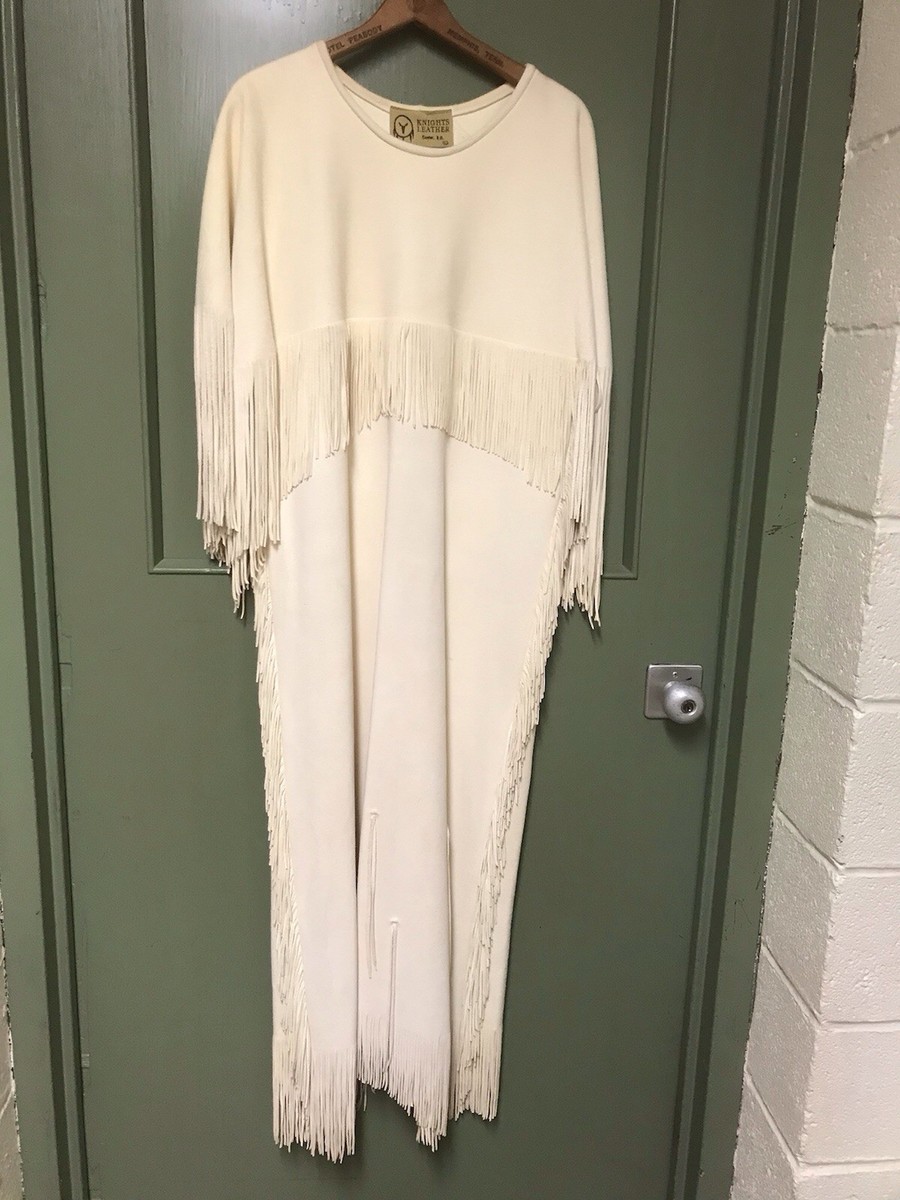 VINTAGE KNIGHTS LEATHER 42 DEER BUCKSKIN FRINGE DRESS CREAM COLORED  EXCELLENT