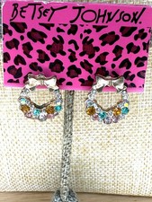 Betsey Johnson Wreath Earrings With Multicolor Crystals & Gold Bow Design Pierce