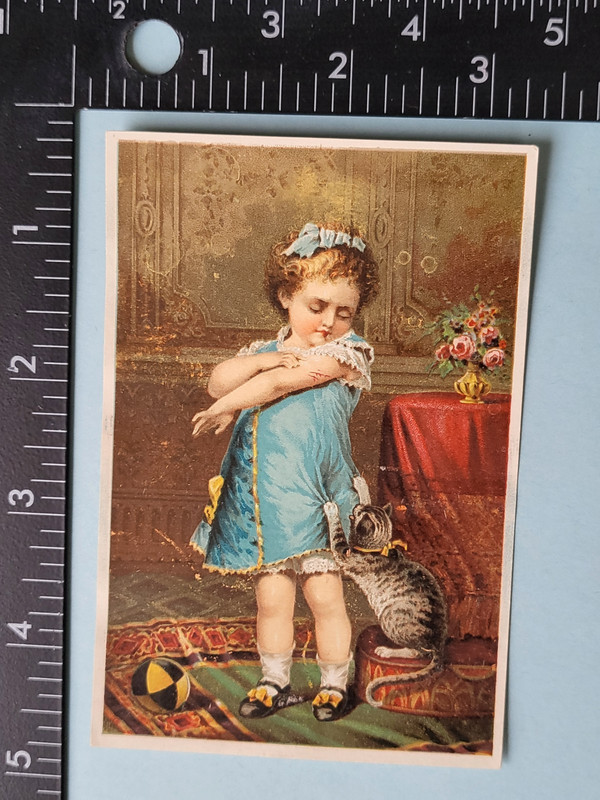 original victorian trade card Cat scratching young girl blue dress Naughty Puss