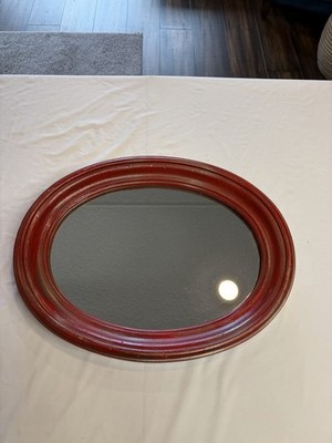 Vintage Oval Mirror in a Thick Solid Red Wooden Frame   15x12x2 