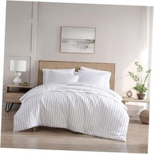 - Duvet Cover Set, Breathable Cotton Percale Queen Trenton Stripe Green
