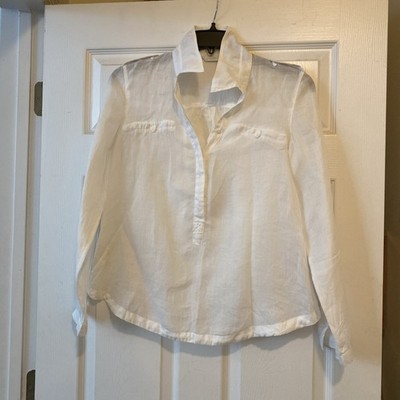Promod women s long sleeve white sheer blouse 1/2 bottom up size medium