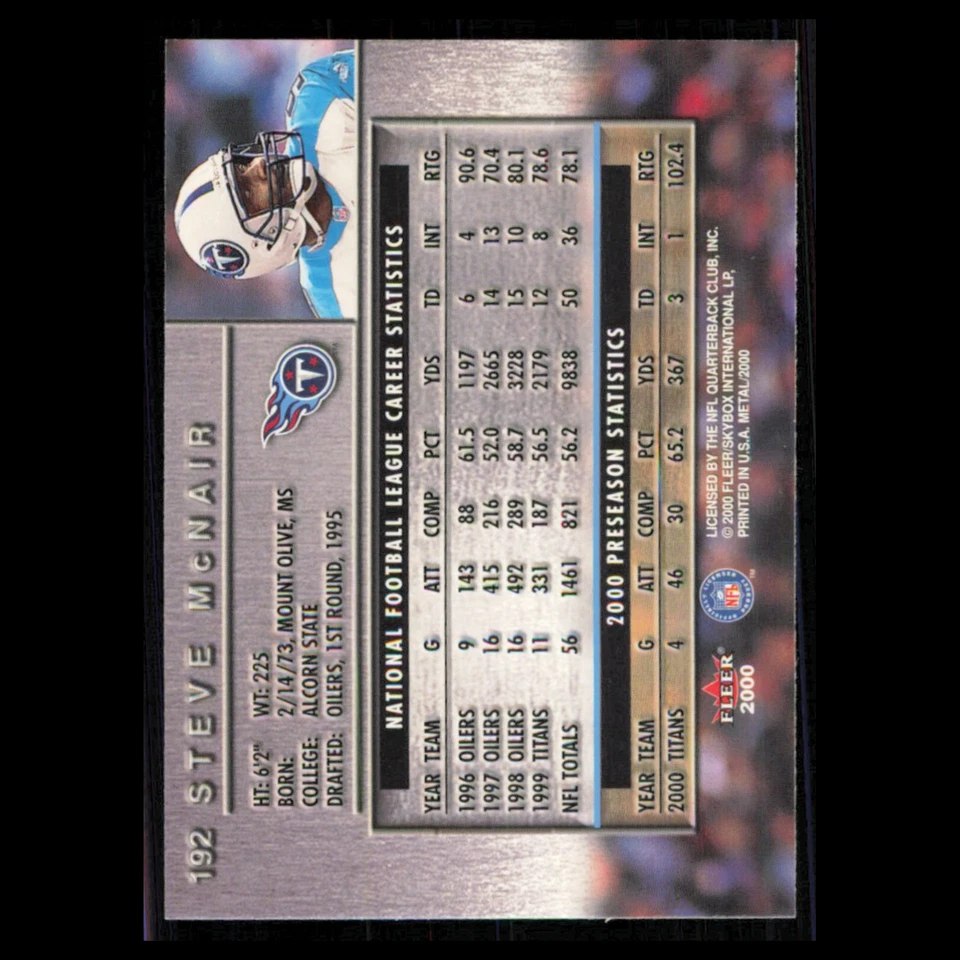Steve McNair #192 2000 Fleer Metal Tennessee Titans Football Card NFL NM - Image 2 of 3