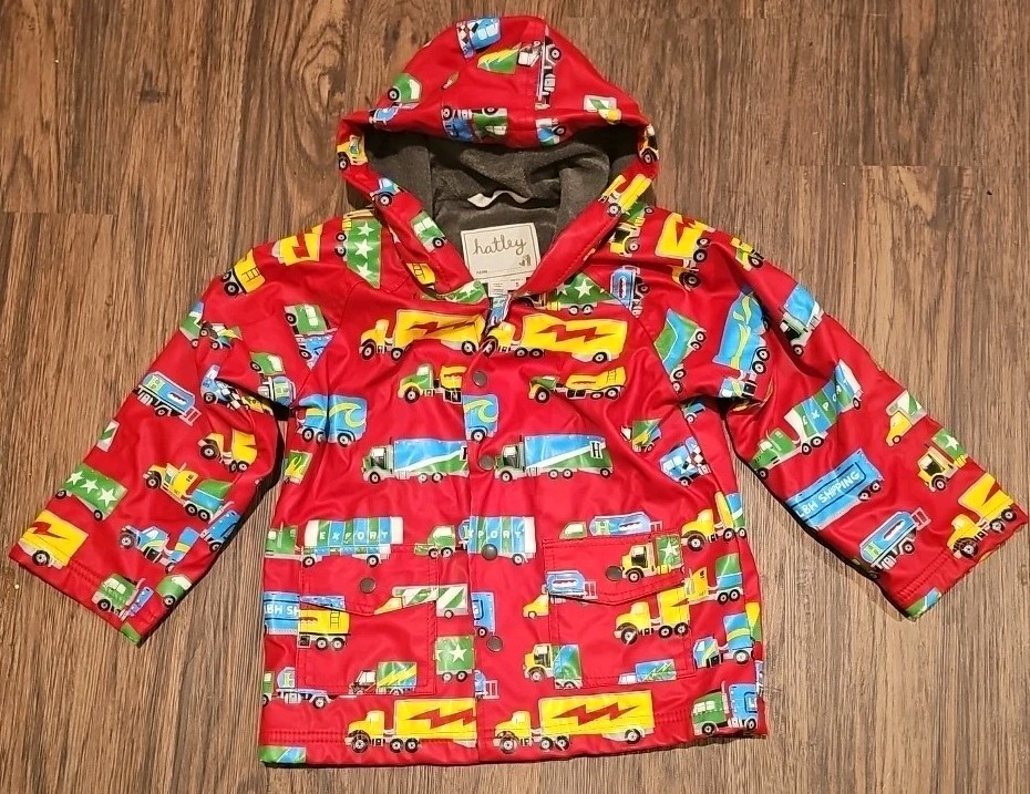 Hatley Little Boys Children's Rain Coat, Trucks, Red, Size 5