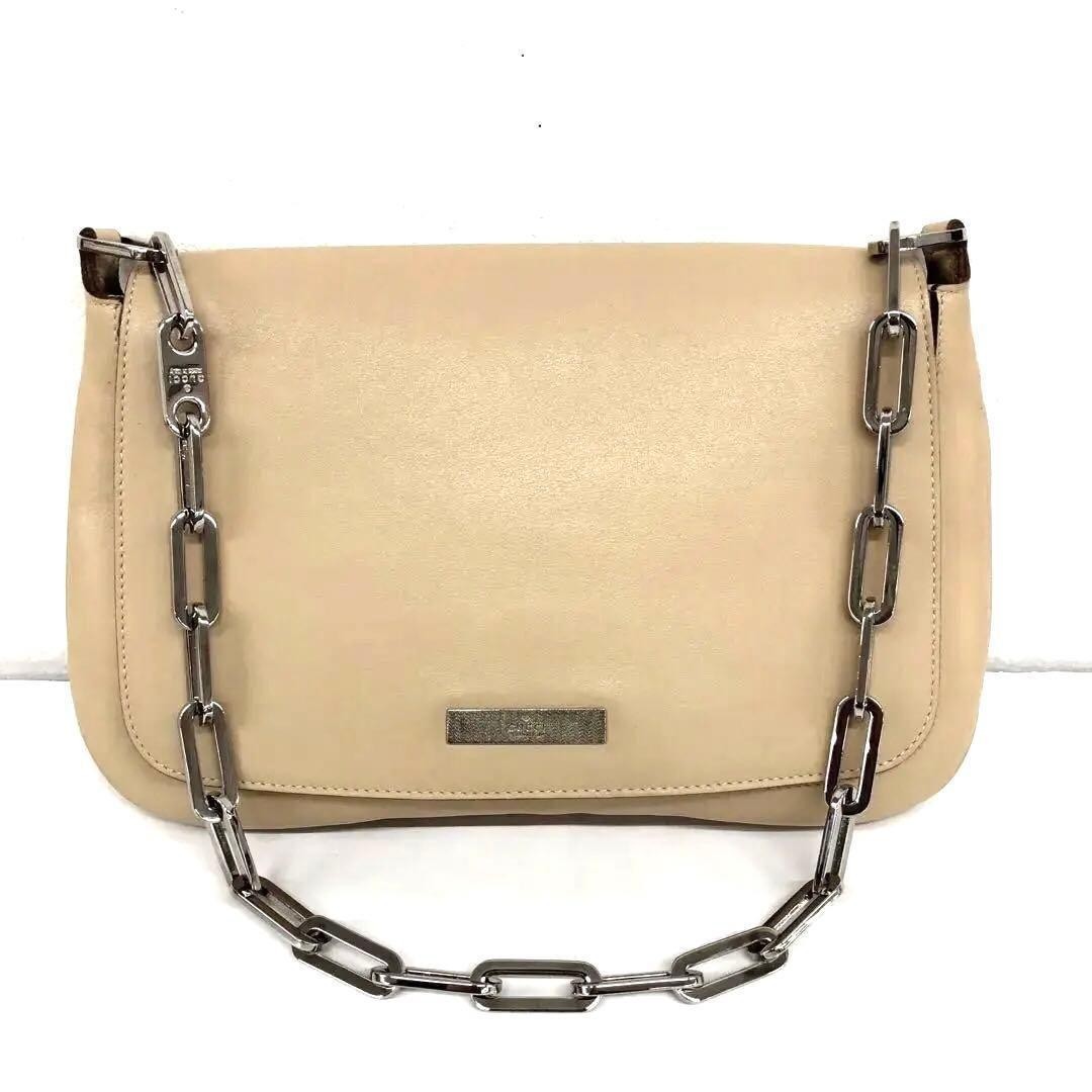 GUCCI All Leather Beige Chain Shoulder Bag Women's Authentic Vintage