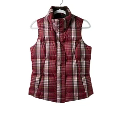 Eddie Bauer Goose Down Vest Women Size S Red Plaid Zip Snap Closure Hike Outdoor