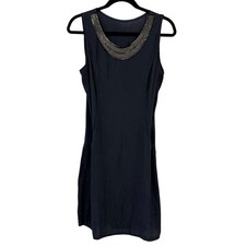 Italian Sleeveless Linen Shift Dress Beaded Round neckline blue Gray size Small