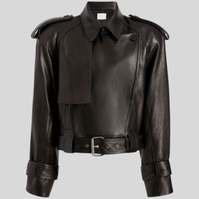 Women's Black Genuine Leather Jacket Cropped Moto Biker Belted Trench Coat New