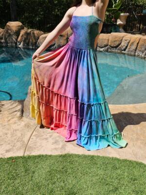 rainbow dress cotton on Maya Antonia Hand Painted Tropical Resort Rainbow/Cotton Maxi Dress-Open  Back