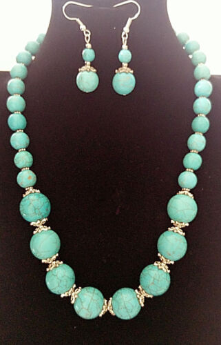 Vogue Round Shape Turquoise Beads Stone Pendant Necklace Set - Afbeelding 1 van 2