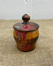 VINTAGE UKRAINIAN TURNED WOOD HAND MADE FLORAL POT WITH LID & CARVED ELEPHANTS