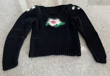 Handknit Black V Neck Sweater With Angora Embellishments (XS)