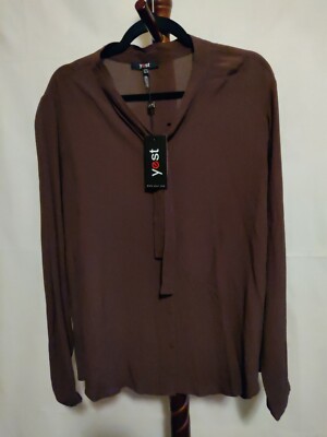 NWT Yest women's size 16 top brown color LS button up scoop neck with tie
