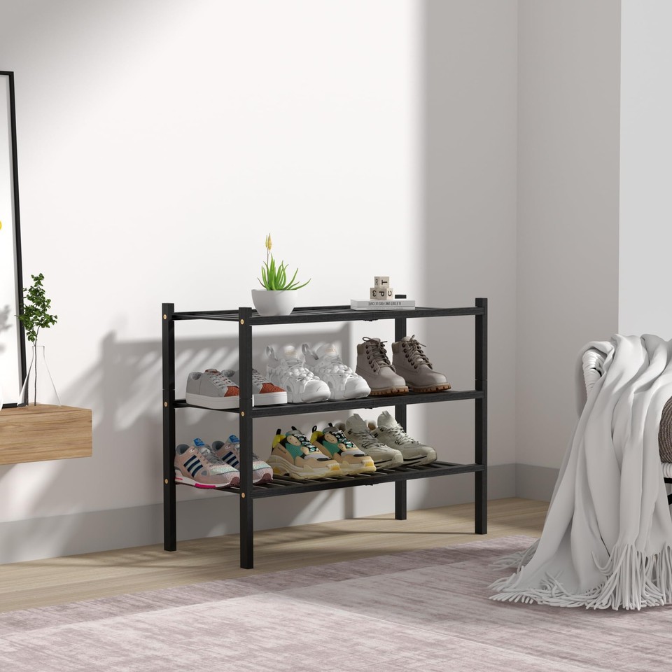 3 Tier Shoe Rack for Closet Free Standing Wood Shoe Shelf Storage