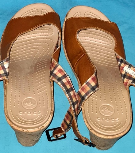Crocs A Leigh Cork Wedge Sling Back Peep-Toe Brown Leather Sandals, Women's - Picture 7 of 19