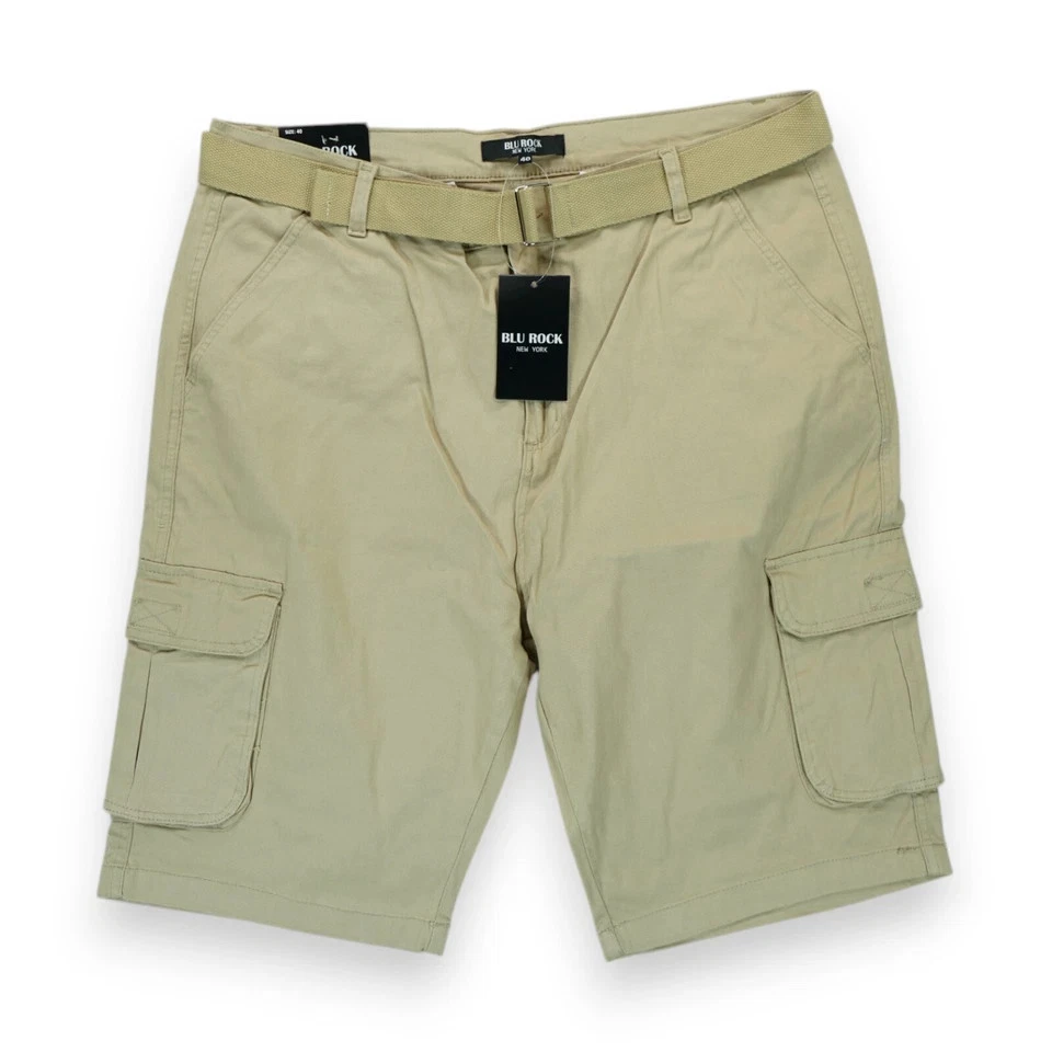 BLU ROCK NEW YORK MENS FLEX STRETCH BELTED CARGO SHORTS - SIZE: MEN 36 - KHAKI