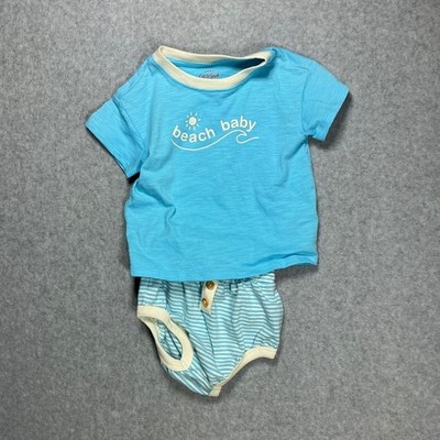 Cat & Jack Baby Boys 18M Beach Baby T-Shirt and Striped Bummies Outfit Set Blue