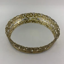 Vintage Round Gold Toned Metal Filigree Mirror Footed Perfume Vanity Tray 7.5”