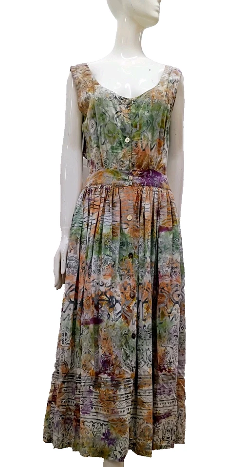 1990s Punk Girls Sundress Batik Grunge Rayon Dress vtg 90s GLOBETROTTER M - Image 3 of 4