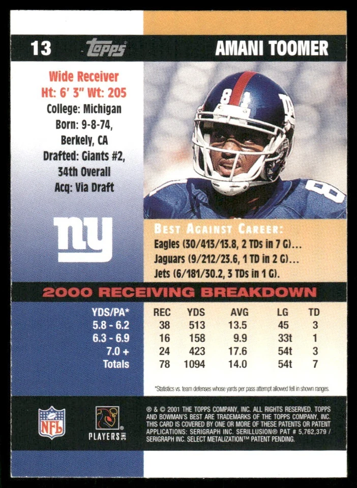 2001 Bowman's Best Amani Toomer New York Giants #13 - Image 2 of 2
