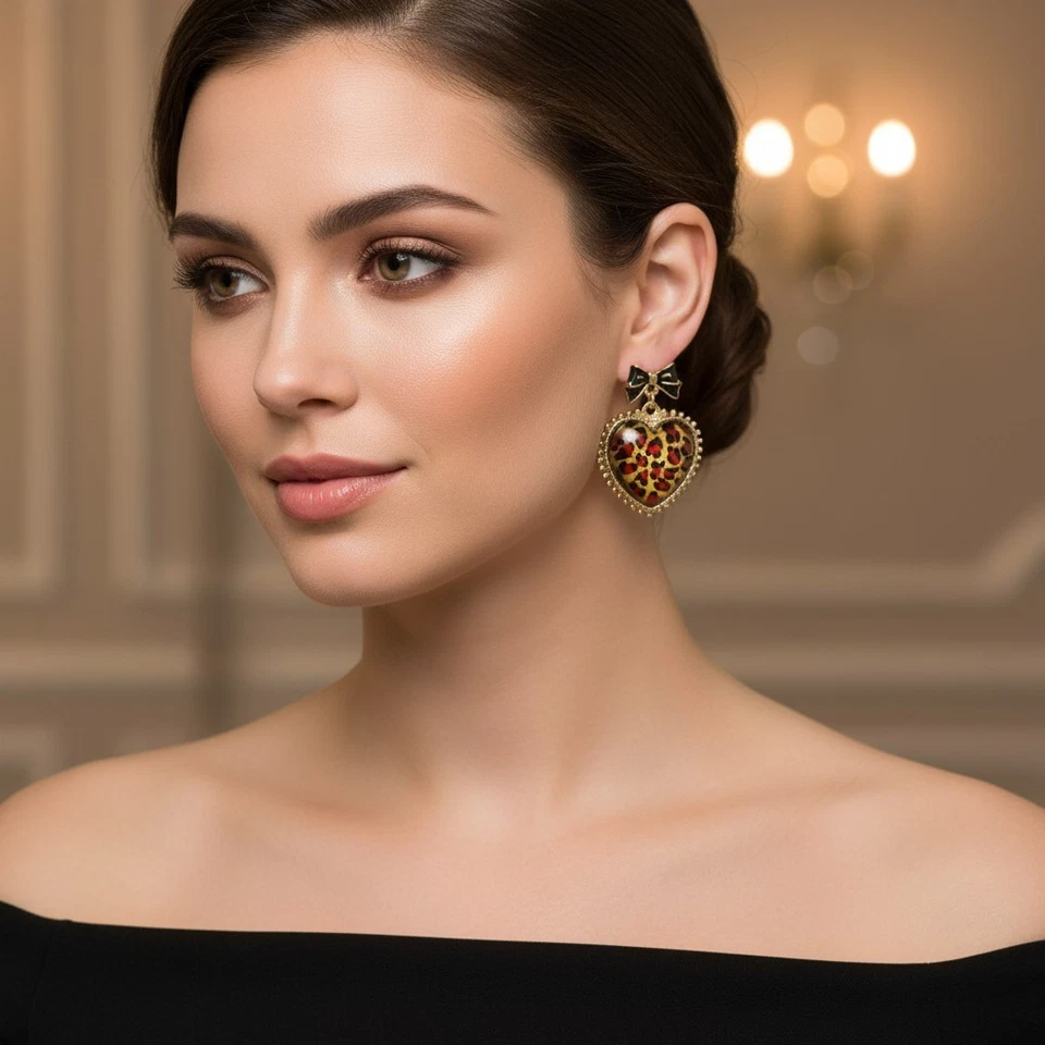 Pendientes colgantes Betsey Johnson corazón leopardo - tono dorado con acento de lazo Foto 4 de 4