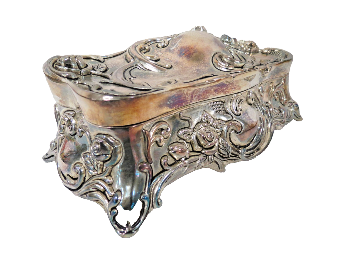 Godinger Silver Plated Art Deco Jewelry Box Rose Floral Velvet