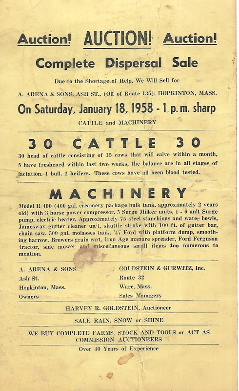 Auction Sale 1958 Arena & Sons Hopkinton, Mass Goldstein & Gurwitz