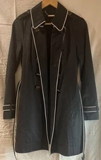 White Black Women’s Trench Coat Size 6 Black White Piping Belted Double Breasted