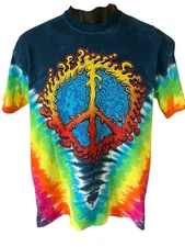 Liquid Blue T-Shirt Men's Medium Tie-Dye Peace Sign Crew Neck Short Sleeve