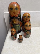 Vintage Hand Painted Russian Matryoshka 5 Piece Set 7   Nesting Dolls Signed